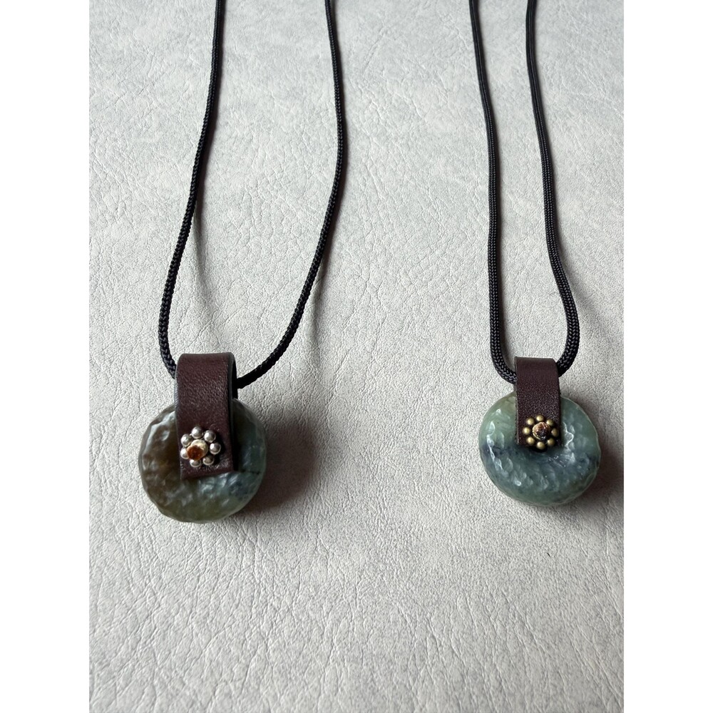 Natural Jade Donut Pendant Necklace Leather Bail Adjustable Cord Celadon Green